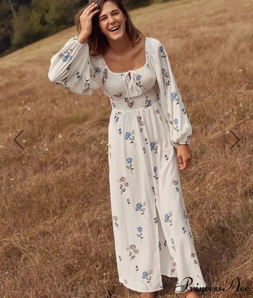 Long-sleeved Elastic Waist Split White Bohemian Dress