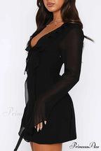 Long Sleeved Ruffled Mini Dress with Lace Up Detail