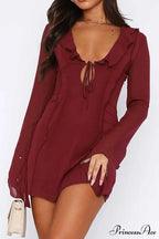 Long Sleeved Ruffled Mini Dress with Lace Up Detail