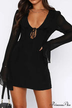 Long Sleeved Ruffled Mini Dress with Lace Up Detail