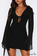 Long Sleeved Ruffled Mini Dress with Lace Up Detail