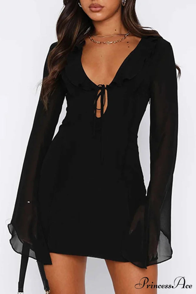Long Sleeved Ruffled Mini Dress with Lace Up Detail