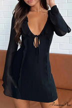 Long Sleeved Ruffled Mini Dress with Lace Up Detail