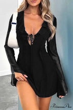 Long Sleeved Ruffled Mini Dress with Lace Up Detail