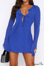 Long Sleeved Ruffled Mini Dress with Lace Up Detail