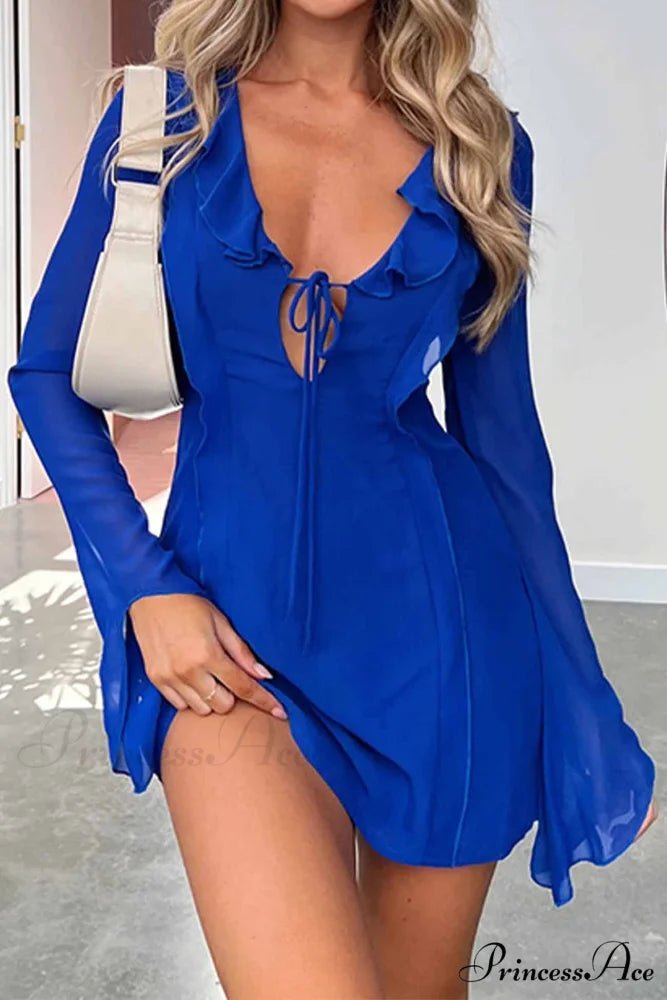 Long Sleeved Ruffled Mini Dress with Lace Up Detail