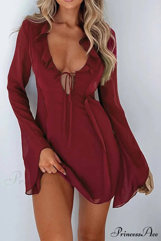 Long Sleeved Ruffled Mini Dress with Lace Up Detail