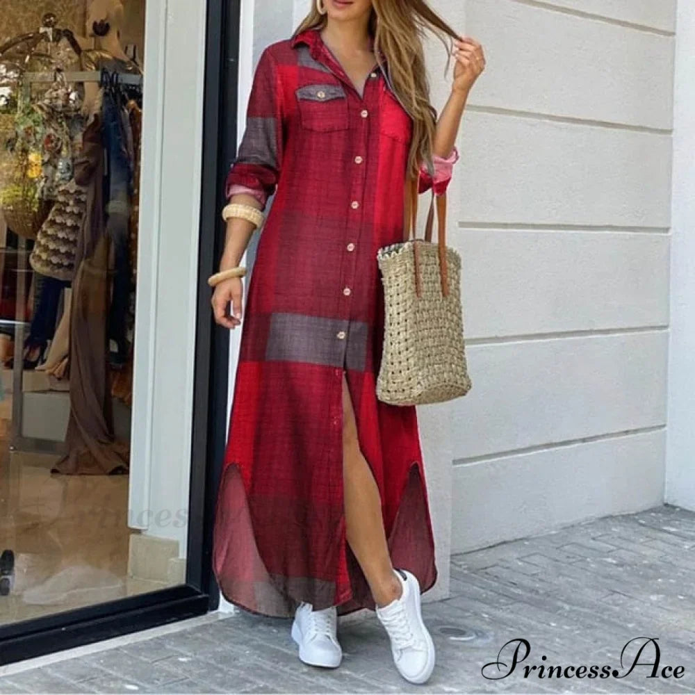 Long Sleeves Shirt Casual Plaid Vestidos Dress
