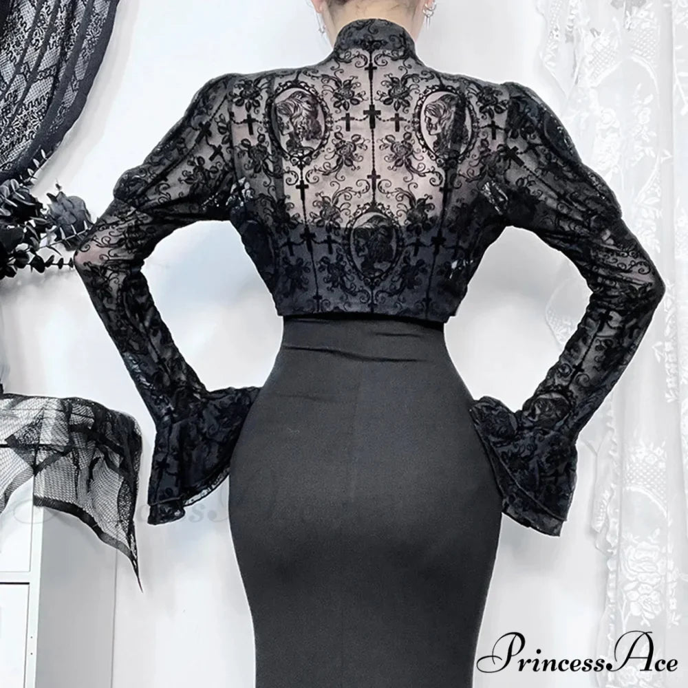 Long Sleeves Smock Vintage Black Lace Flare Sleeve Cosplay Cardigan
