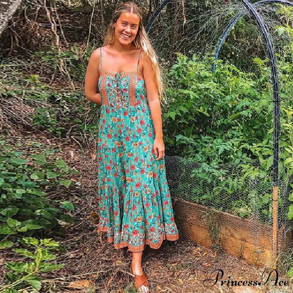 Long Strap Dress Emerald Rayon Floral Print Bohemian Summer Dress