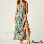 Long Strap Dress Emerald Rayon Floral Print Bohemian Summer Dress