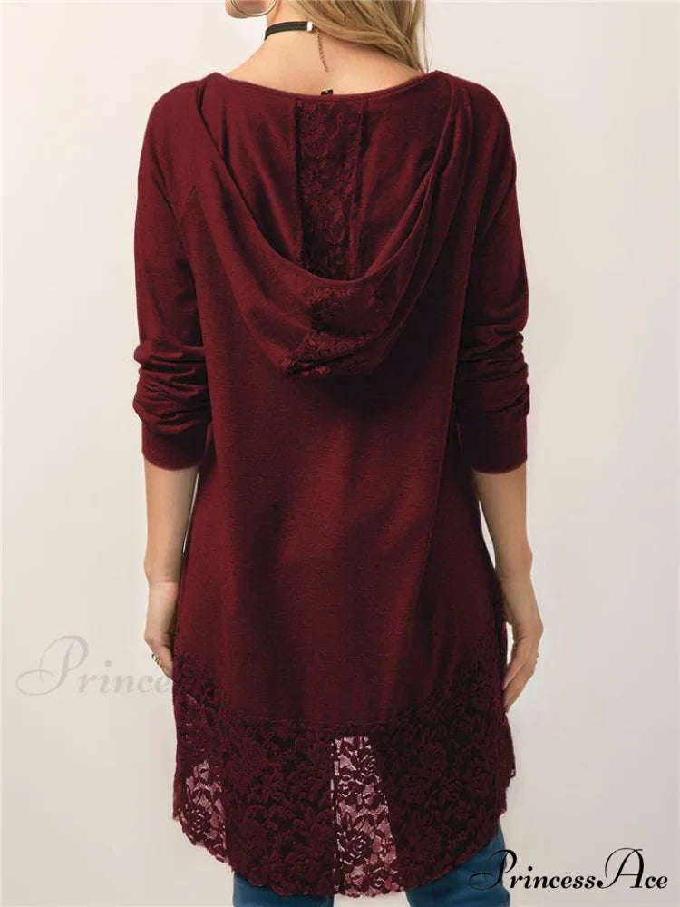 Long With Women Lace Patchwork Arm T-shirt Hood