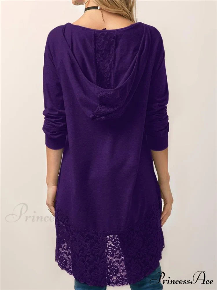 Long With Women Lace Patchwork Arm T-shirt Hood