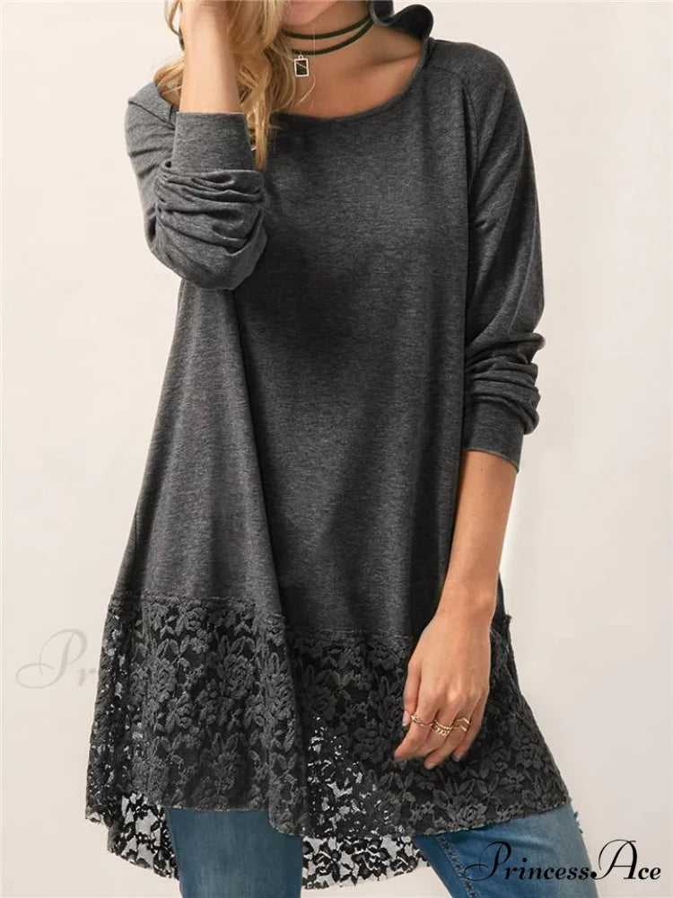 Long With Women Lace Patchwork Arm T-shirt Hood