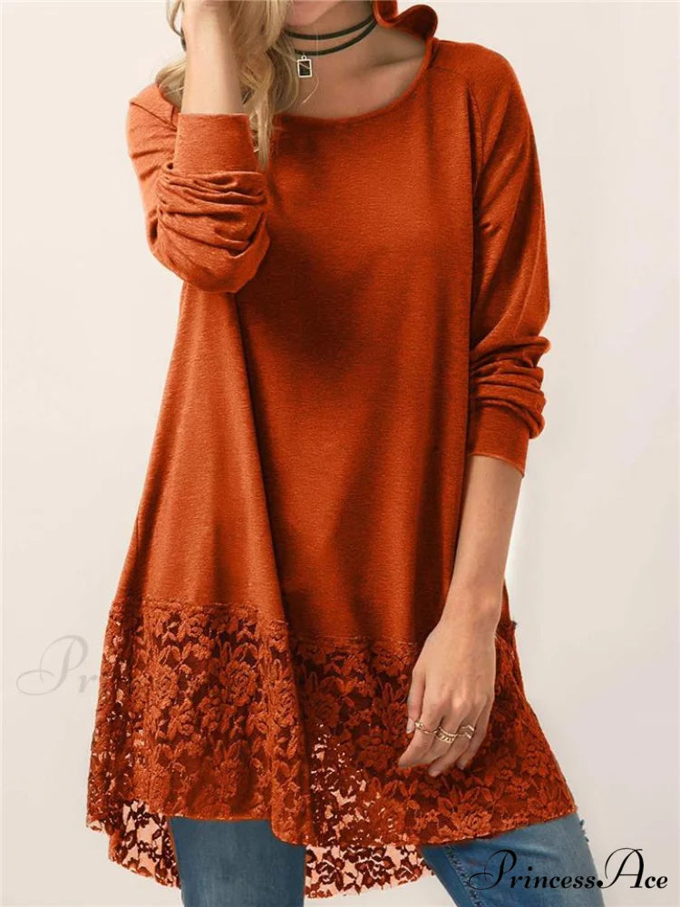 Long With Women Lace Patchwork Arm T-shirt Hood