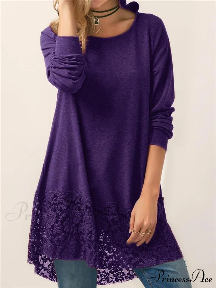 Long With Women Lace Patchwork Arm T-shirt Hood