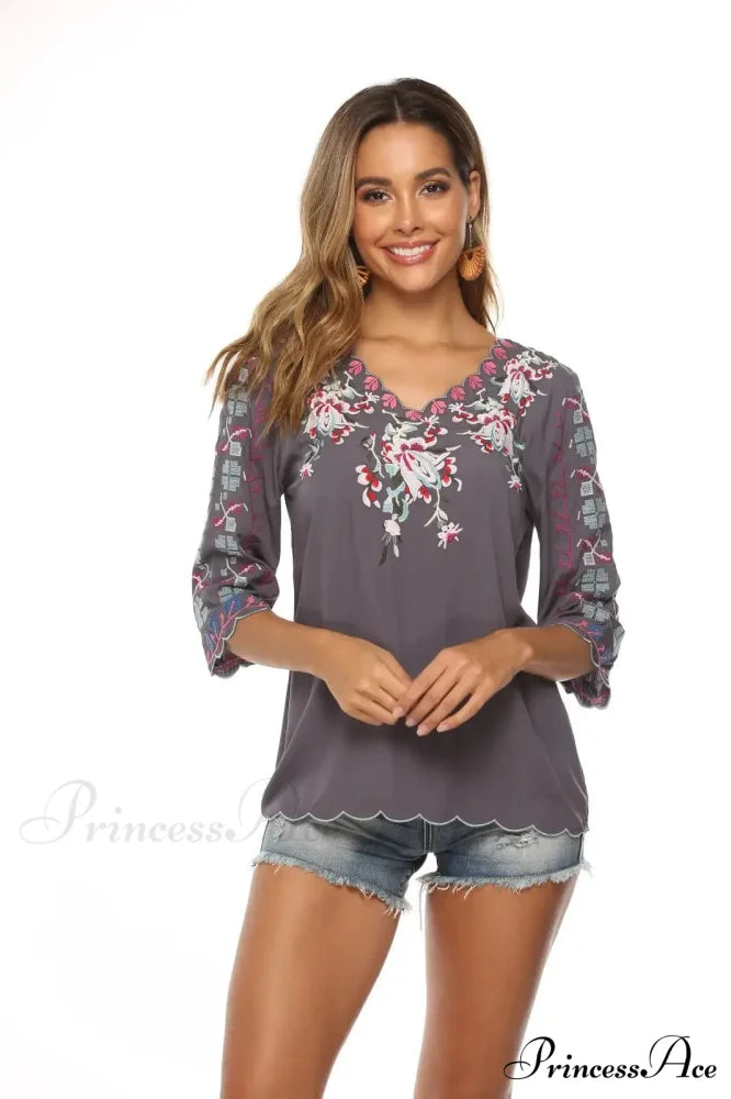 Loose Casual Cotton Floral Embroidery Boho Blouse