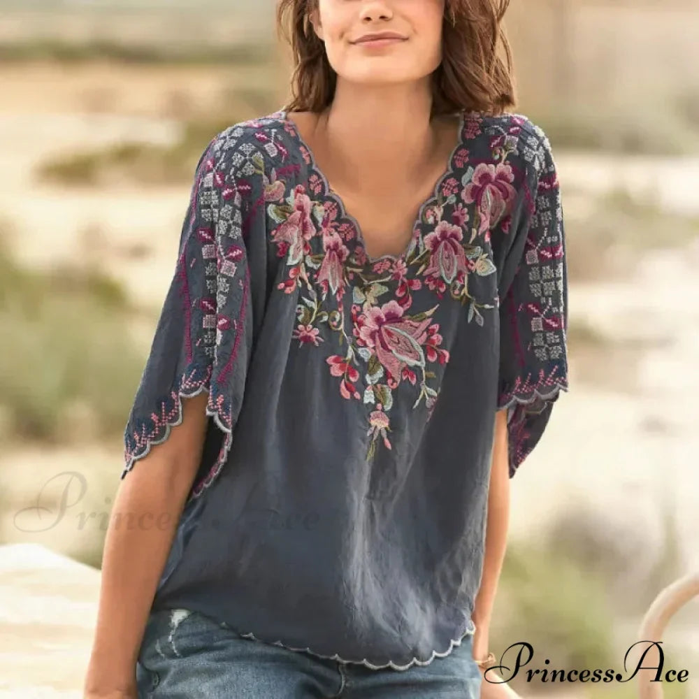 Loose Casual Cotton Floral Embroidery Boho Blouse
