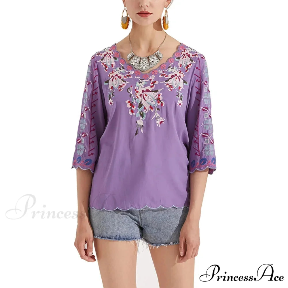 Loose Casual Cotton Floral Embroidery Boho Blouse