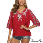 Loose Casual Cotton Floral Embroidery Boho Blouse