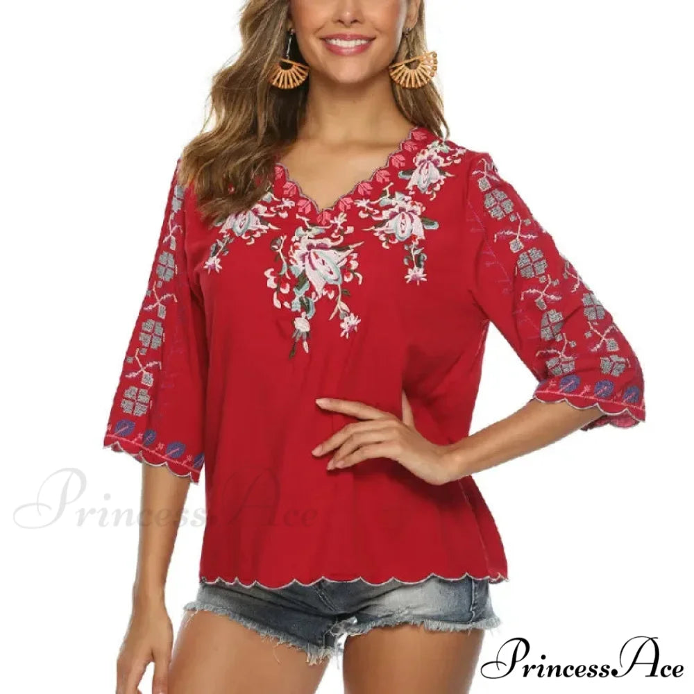 Loose Casual Cotton Floral Embroidery Boho Blouse