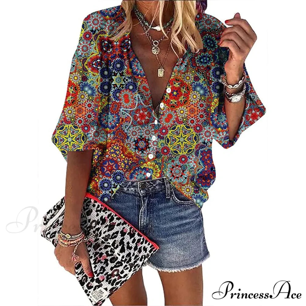 Loose Colorful Print Large Size Blouses