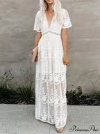 Loose Embroidery White Lace Maxi Boho Dress