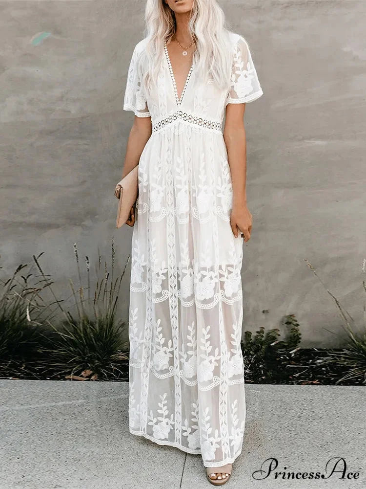 Loose Embroidery White Lace Maxi Boho Dress
