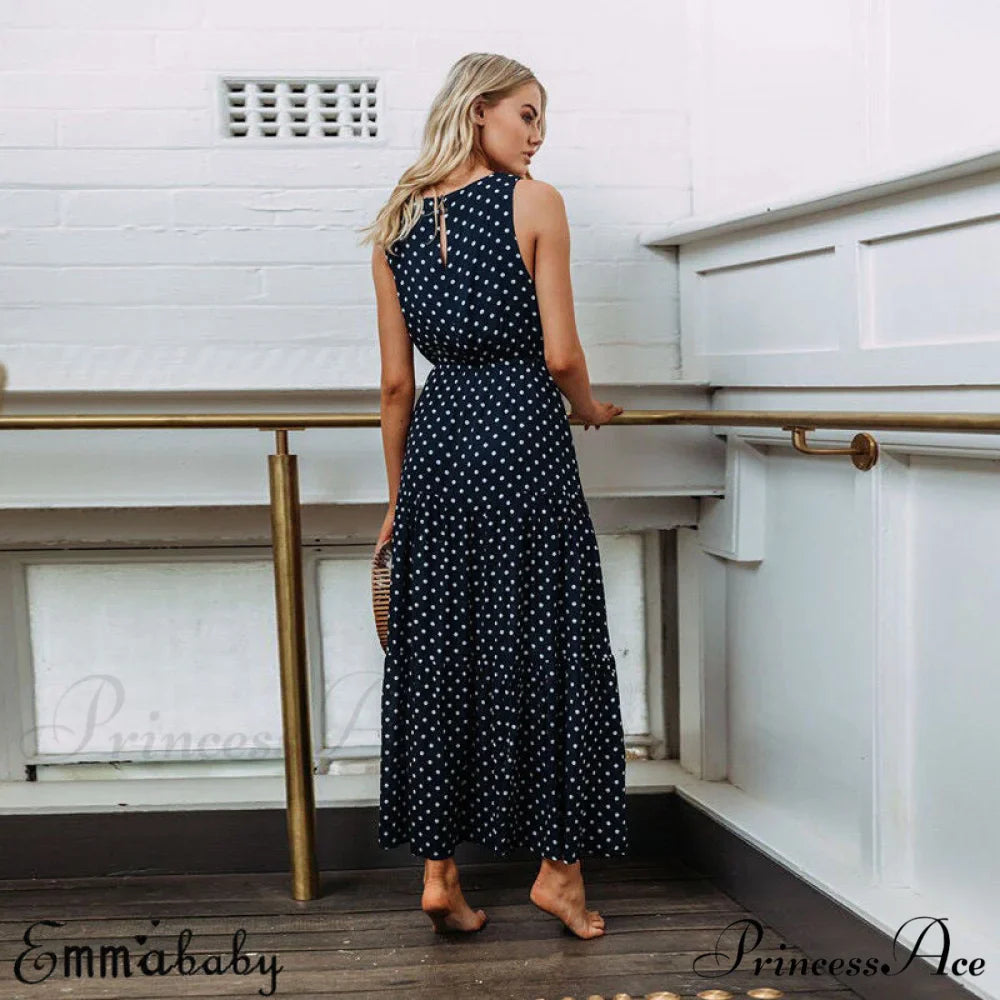 Loose Sleeveless Holiday Dot Print Long Maxi Dress