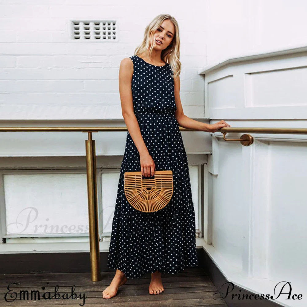 Loose Sleeveless Holiday Dot Print Long Maxi Dress