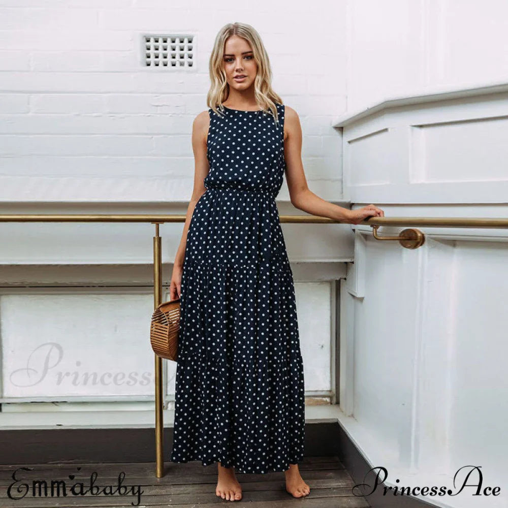 Loose Sleeveless Holiday Dot Print Long Maxi Dress