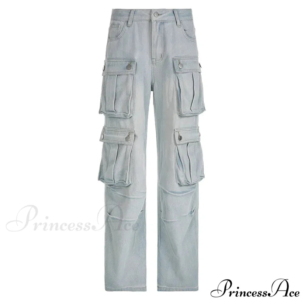 Loose Streetwear Summer Outfits 2024 Blue High Waist Casual Fashion Y2K Straight Cargo Denim Jean