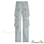 Loose Streetwear Summer Outfits 2024 Blue High Waist Casual Fashion Y2K Straight Cargo Denim Jean