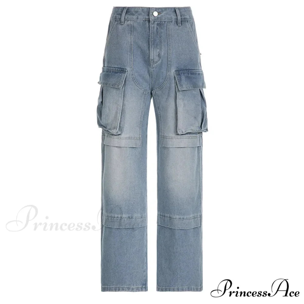 Loose Streetwear Summer Outfits 2024 Blue High Waist Casual Fashion Y2K Straight Cargo Denim Jean