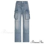 Loose Streetwear Summer Outfits 2024 Blue High Waist Casual Fashion Y2K Straight Cargo Denim Jean