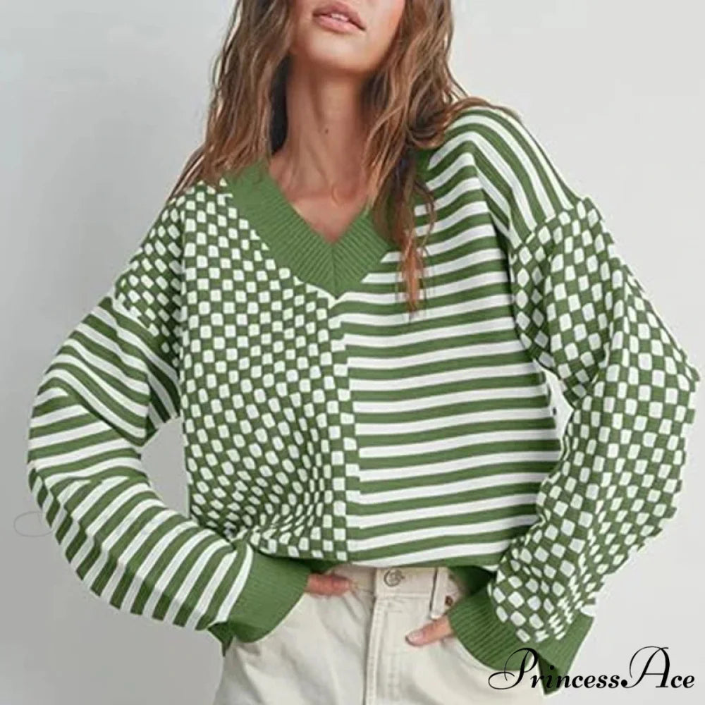 Loose Striped Plaid Casual Long Sleeve Cute Retro Chic Green Christmas Sweater