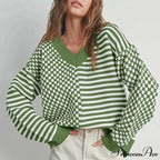 Loose Striped Plaid Casual Long Sleeve Cute Retro Chic Green Christmas Sweater