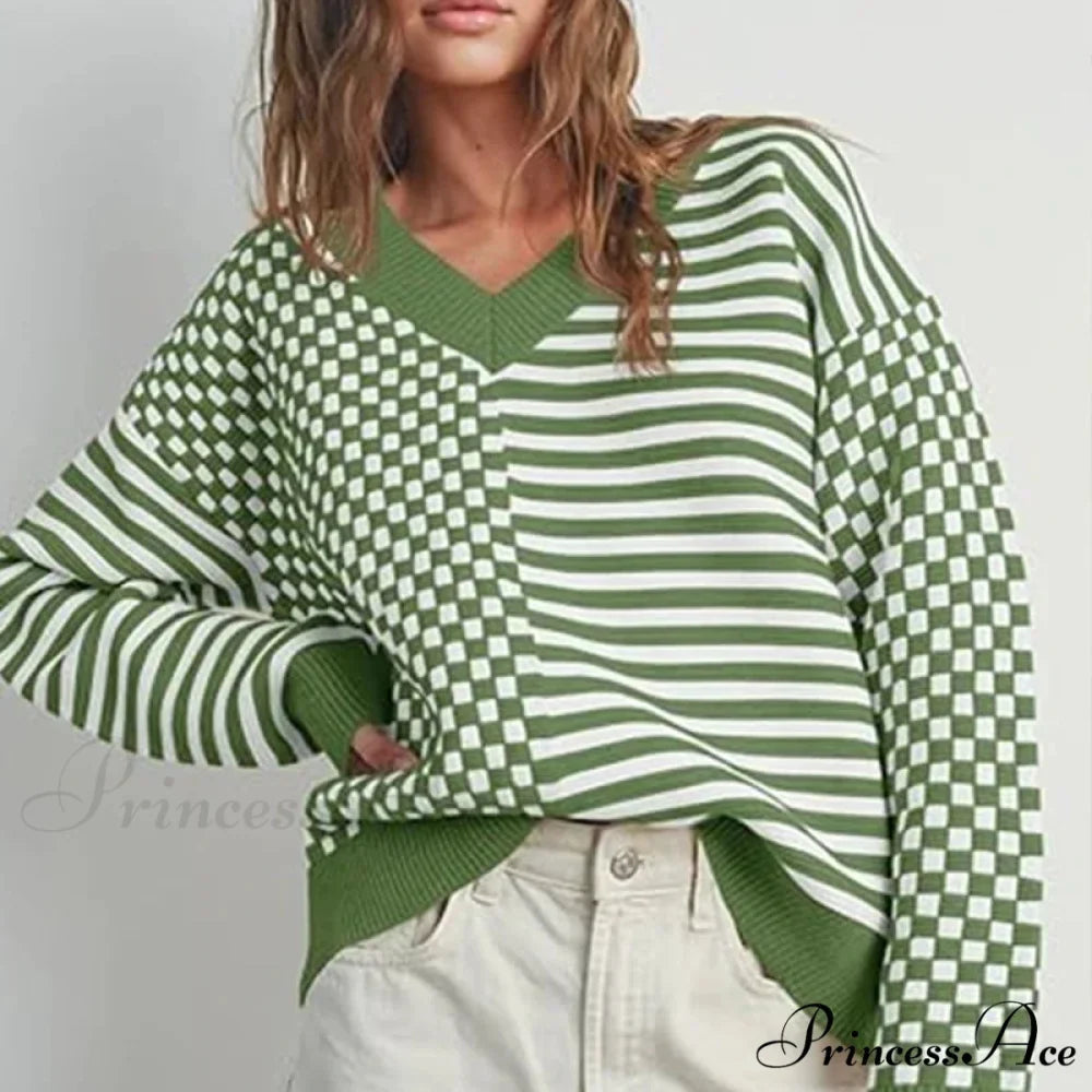 Loose Striped Plaid Casual Long Sleeve Cute Retro Chic Green Christmas Sweater