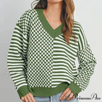 Loose Striped Plaid Casual Long Sleeve Cute Retro Chic Green Christmas Sweater