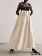 Loose Suspender Black And Graceful White Patchwork Maxi Dress