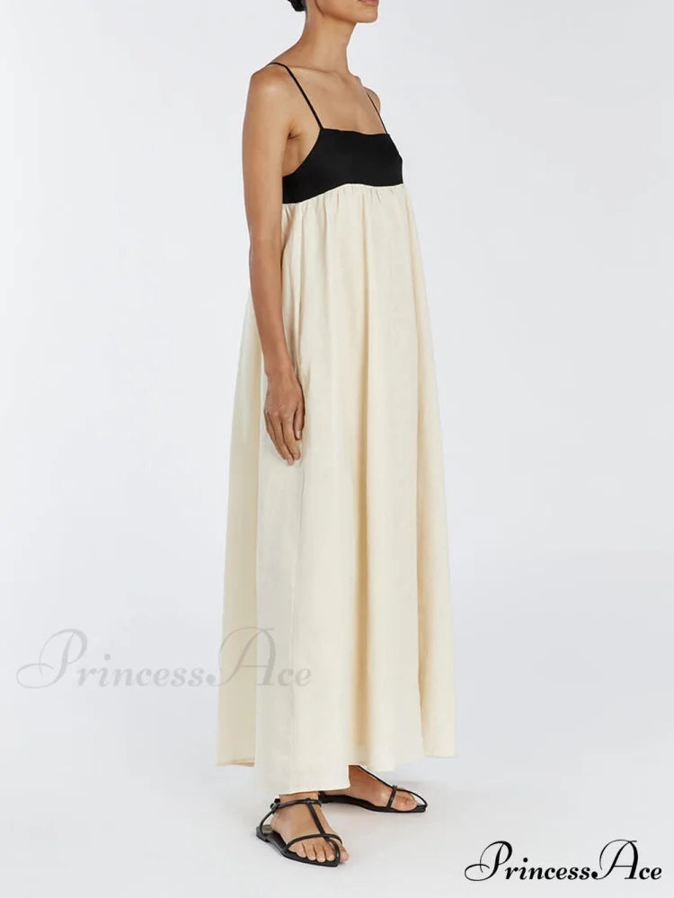 Loose Suspender Black And Graceful White Patchwork Maxi Dress