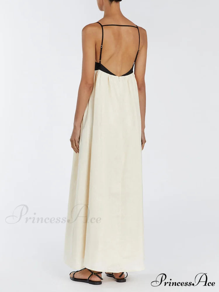 Loose Suspender Black And Graceful White Patchwork Maxi Dress