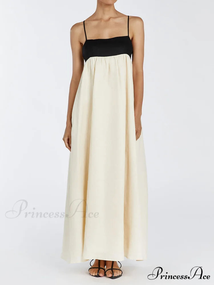Loose Suspender Black And Graceful White Patchwork Maxi Dress