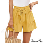 Loose Wide Lightweight High Waisted Adjustable Tie Knot Yellow Short