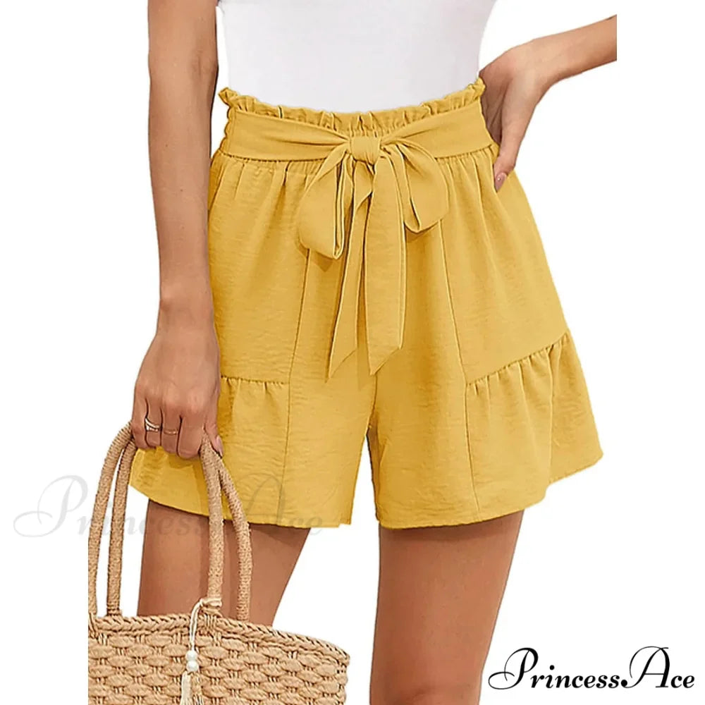 Loose Wide Lightweight High Waisted Adjustable Tie Knot Yellow Short