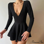 Low Cut Long Sleeve Backless A Line Mini Dress
