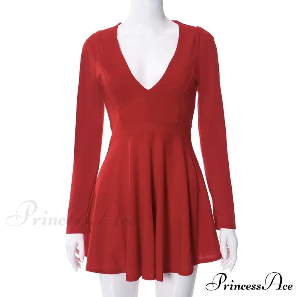 Low Cut Long Sleeve Backless A Line Mini Dress
