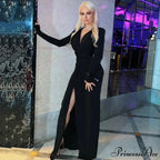 Low Cut Long Sleeve Split Deep Neck Ruched Elegant Midi Dress