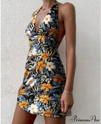 Low-cut V-Neck Flower Short Dress