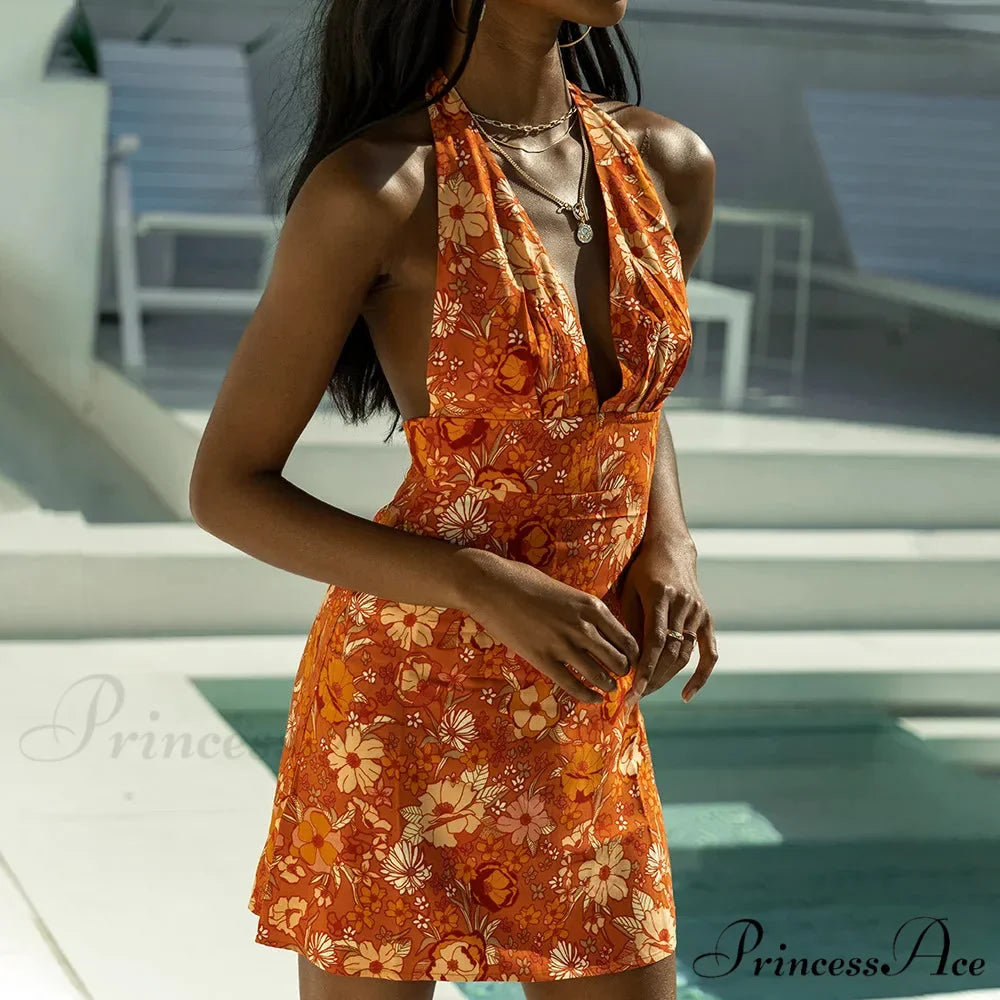 Low-cut V-Neck Flower Short Dress